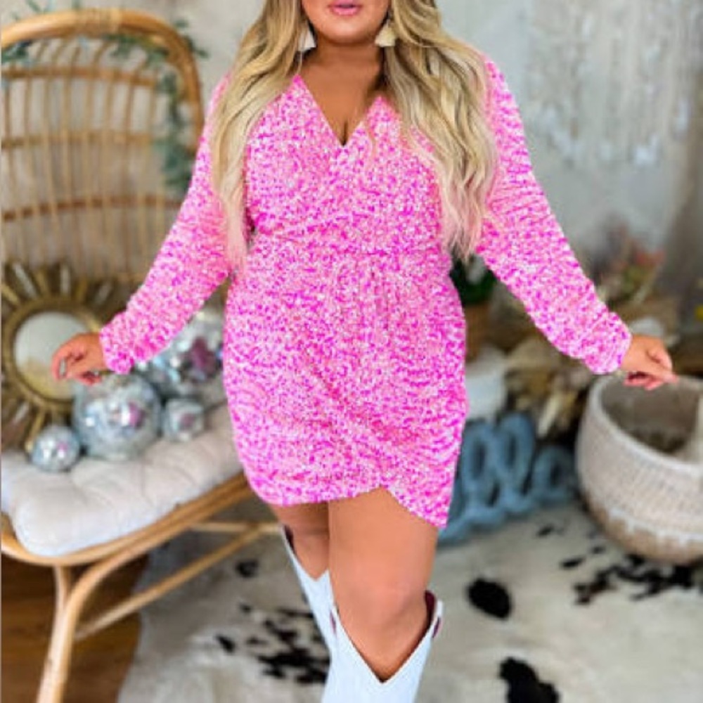 NWT Pink Sequin Velvet Faux Wrap Dress